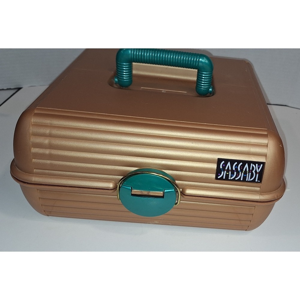 vtg Sassaby jewelry make up travel case with mirror gold teal hard case plastic